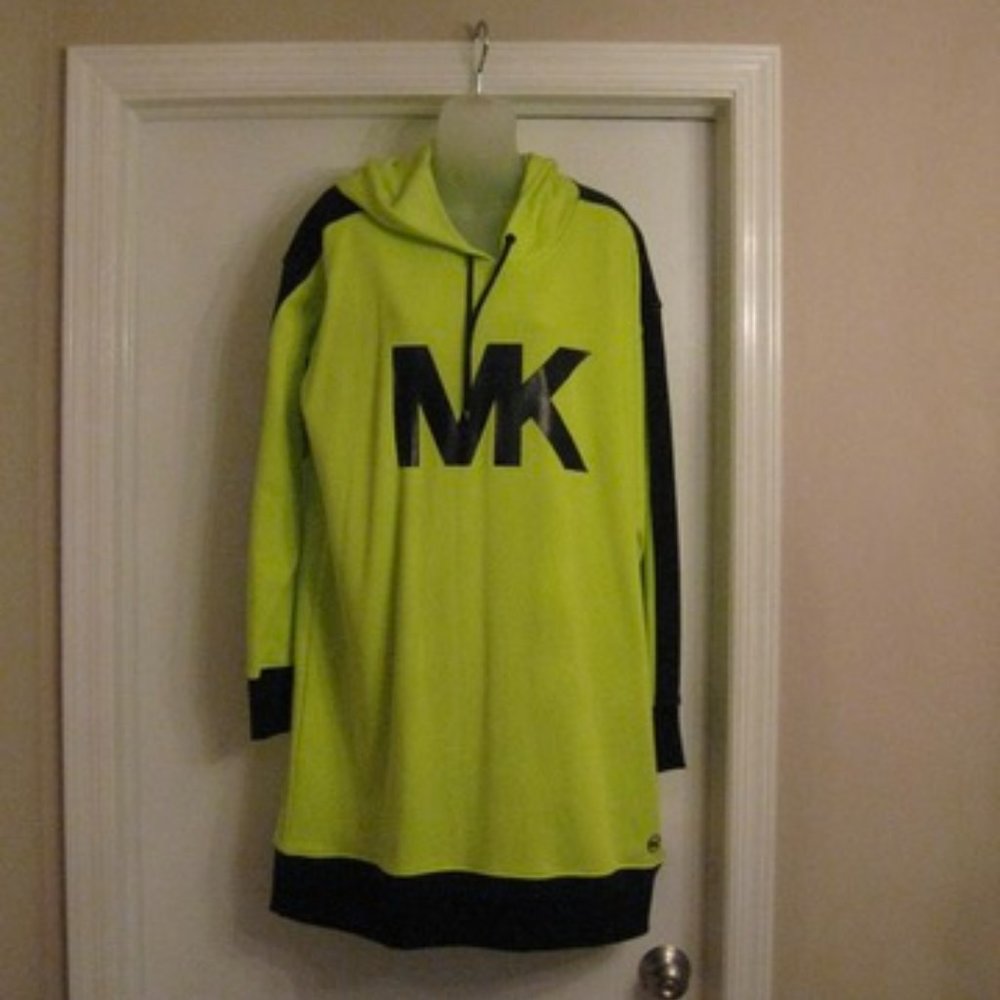 NWT MK Michael Kors Neon Yellow Black Long Hoodie Sweatshirt Dress XL
